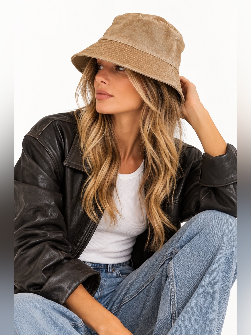 Genuine Suede Leather Tan Bucket Hat Soft Brim 90s Minimalist Y2K